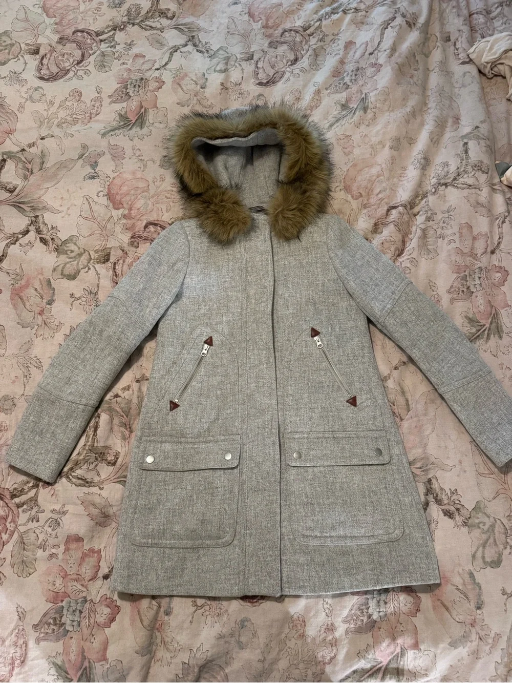 J. Crew Light Gray Wool Trench Coat with Faux Fur Hood Trim - Picture 4 of 5